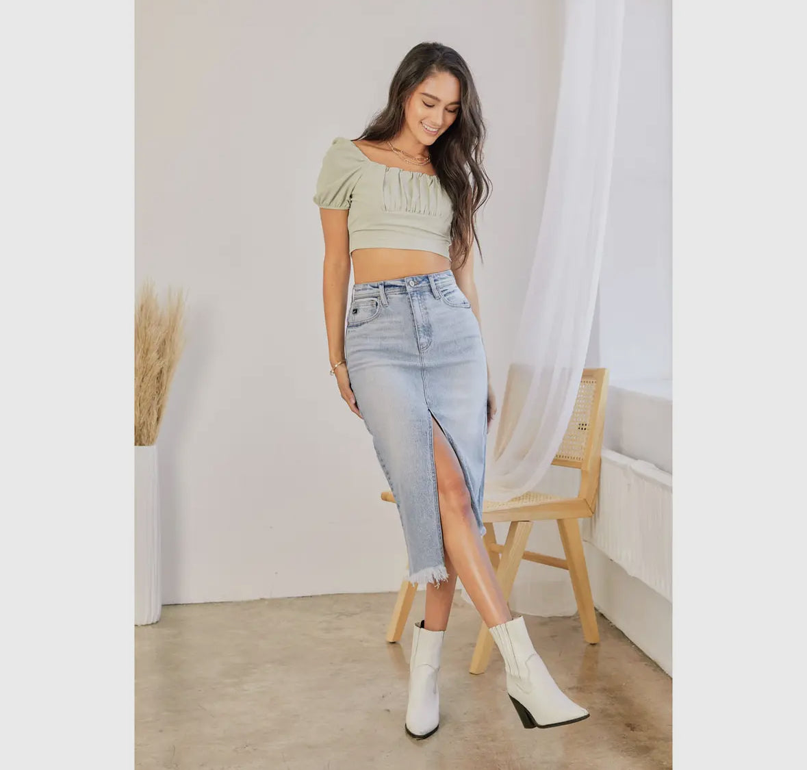 Asymmetrical Denim Midi Skirt