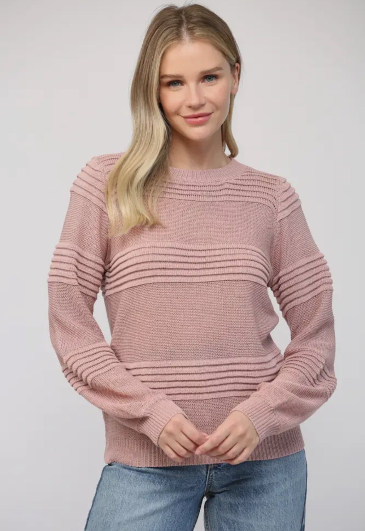 Dusty Rose Textured Crew Neck Sweater