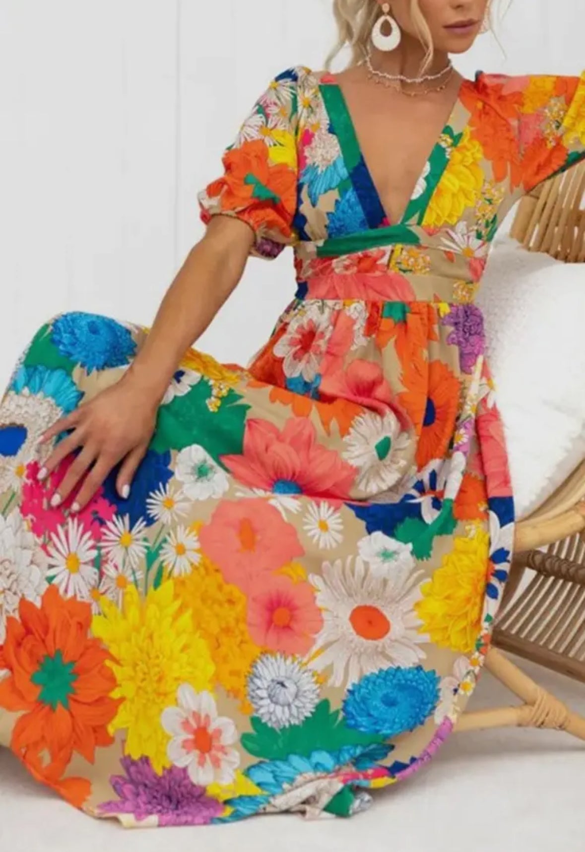 Multi Floral Plunge Neck Maxi Dress
