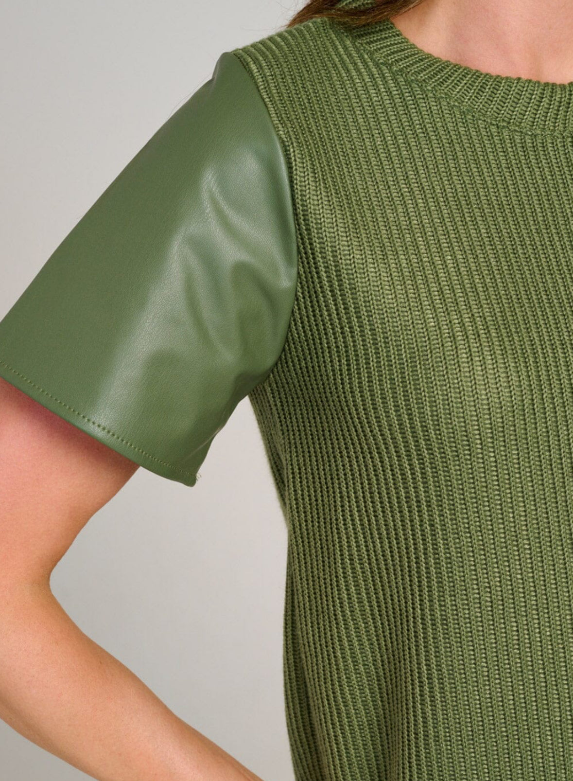 Olive Leather Sleeve Knit Top