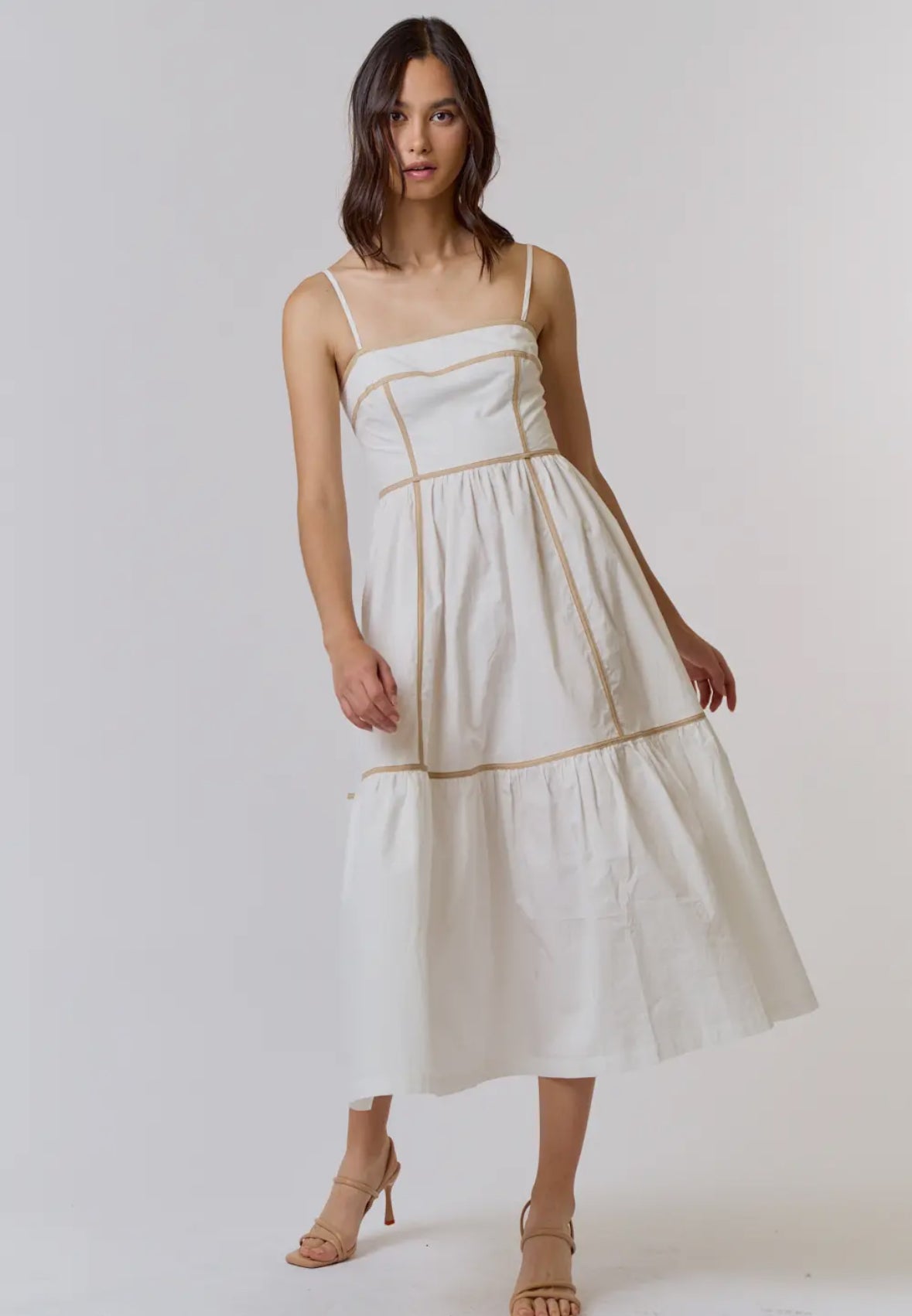 Off White Contrast Detail Midi Dress