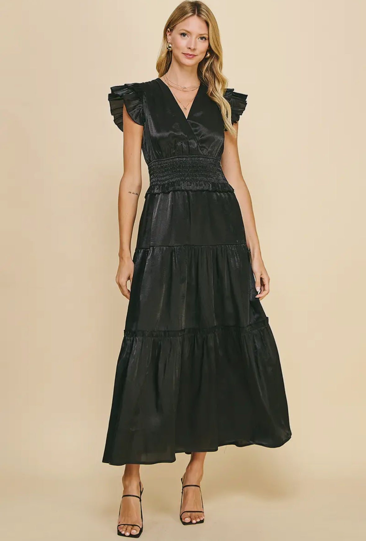 Black Satin Tiered Maxi Dress
