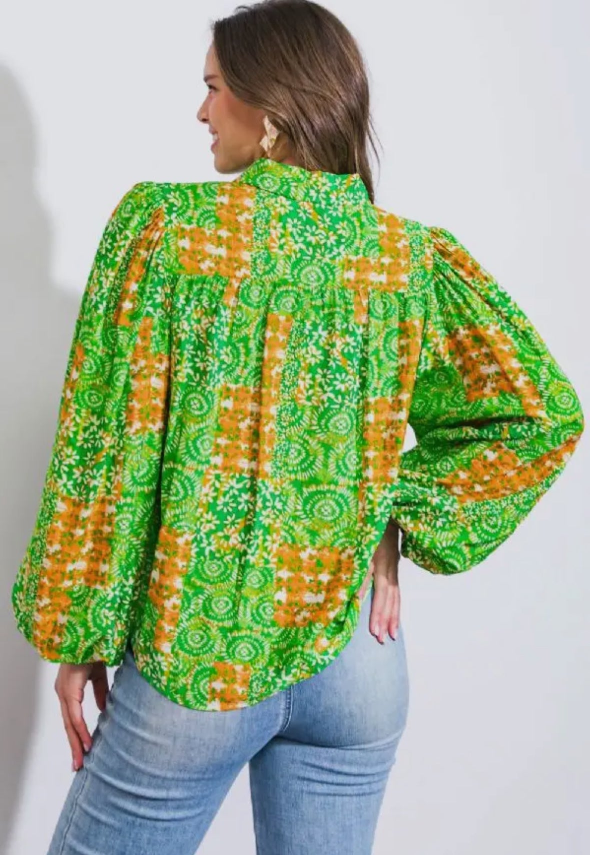 Green & Orange Woven Button Up