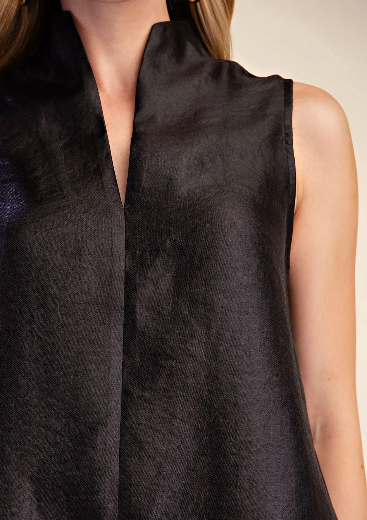 Black Silky Stand Collar Top