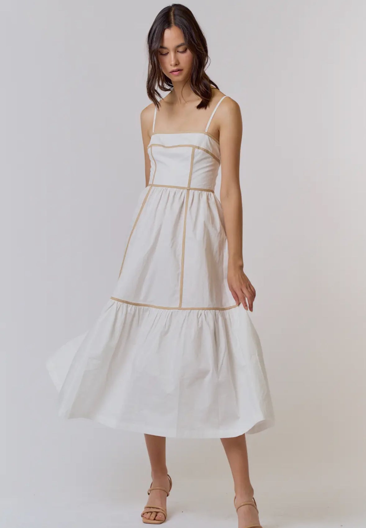 Off White Contrast Detail Midi Dress