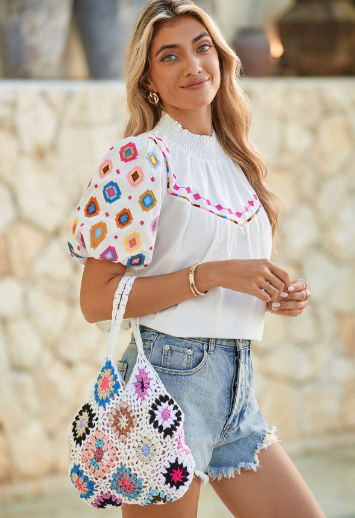 Smocked & Embroidered Cotton Blouse