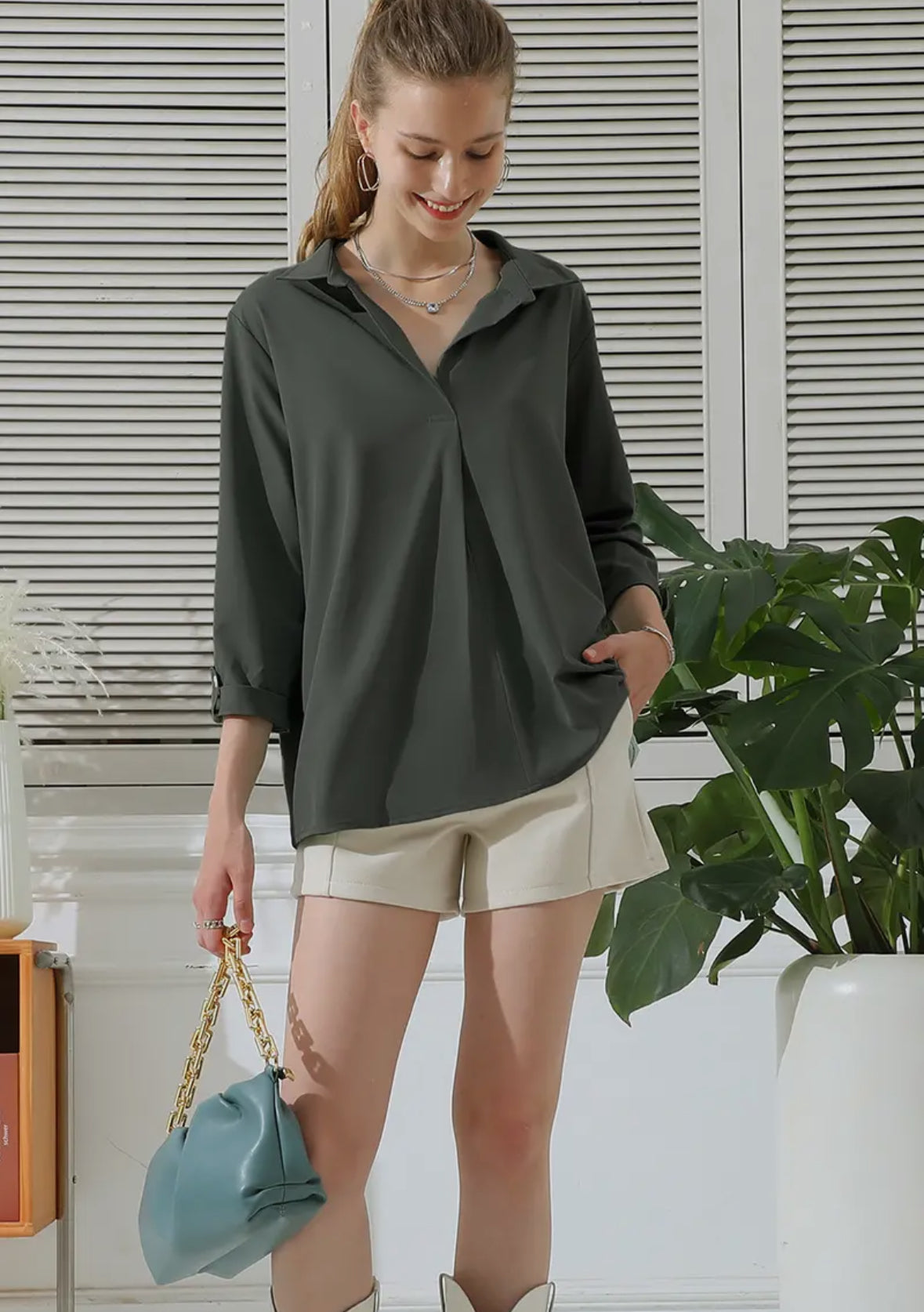 Green Gray 3/4 Sleeve Blouse