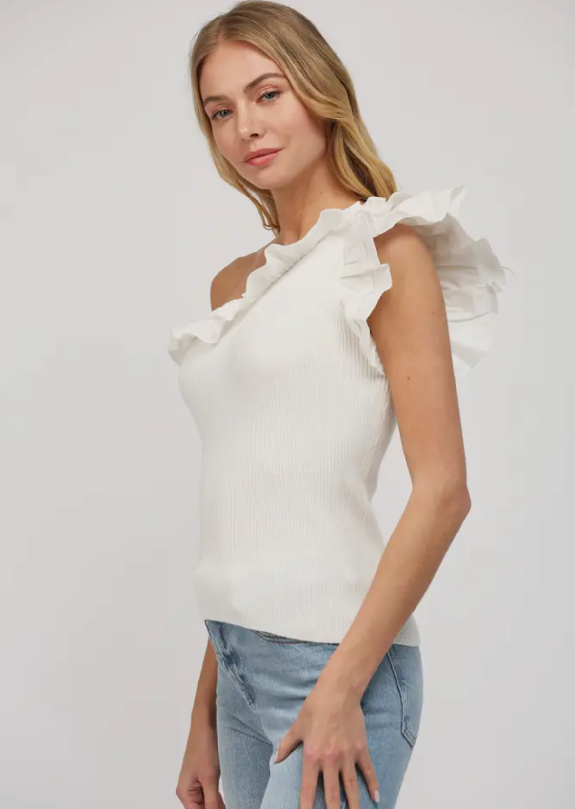 Ruffle Detail One Shoulder Ribbed Top