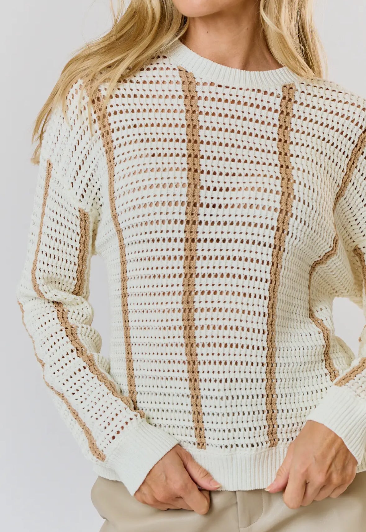 Ivory + Taupe Round Neck Knit Sweater