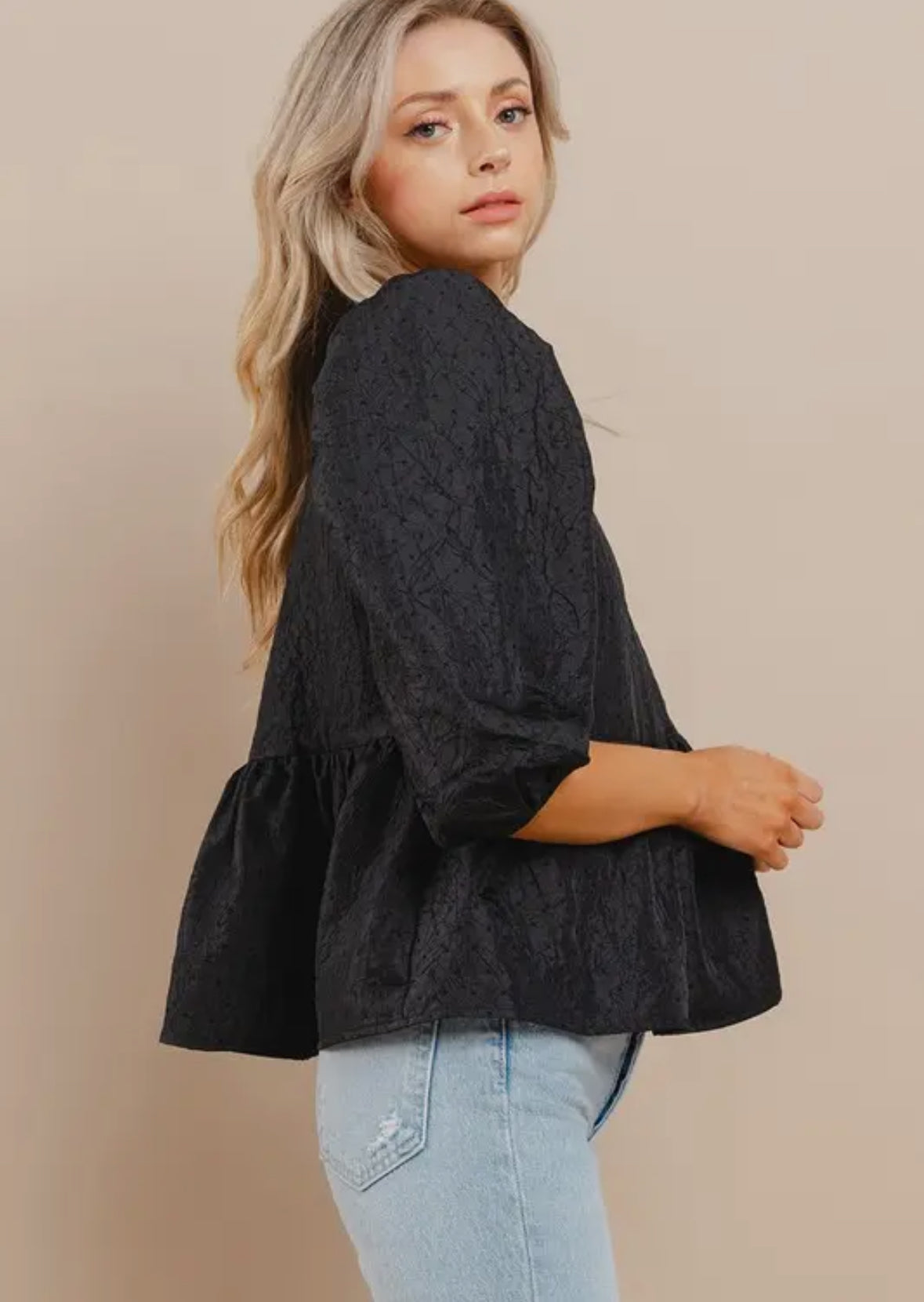 Black Textured Peplum Top