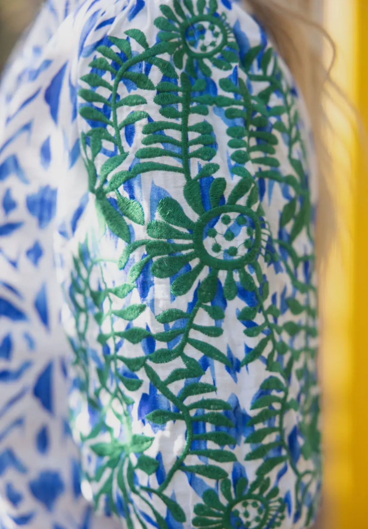 Blue & Green Embroidered Bubble Sleeve Top