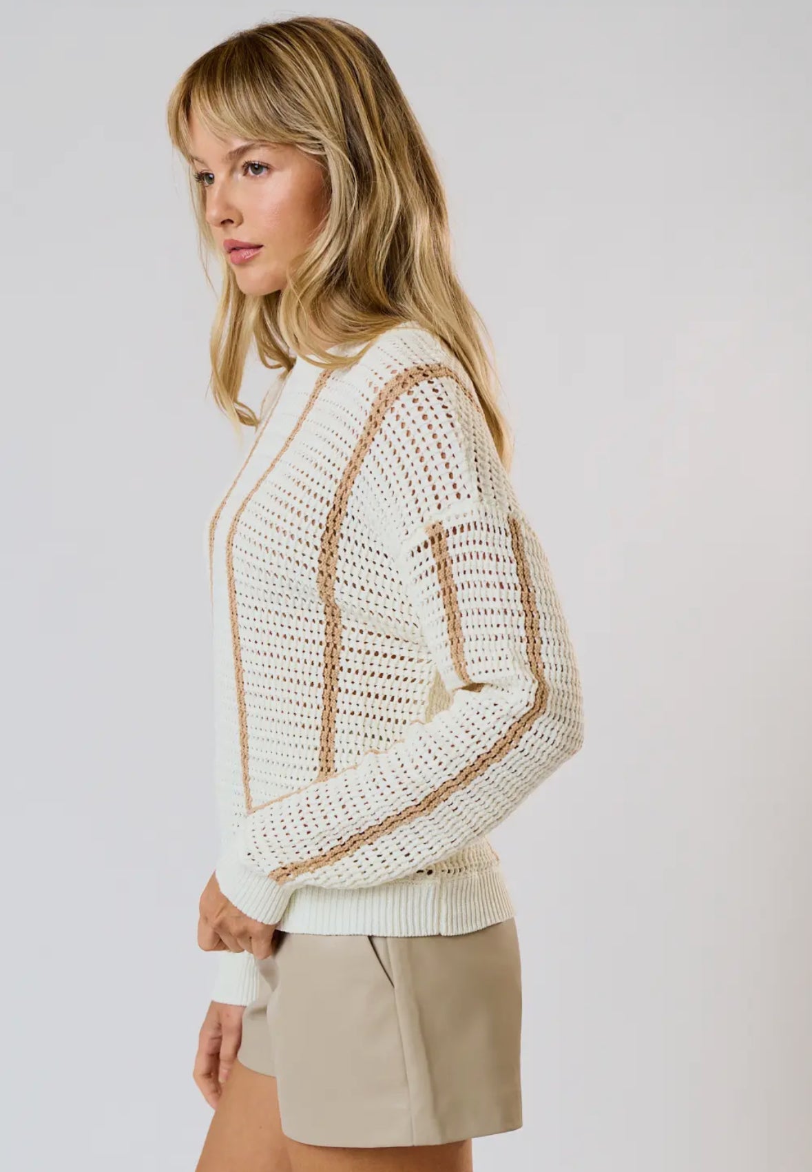 Ivory + Taupe Round Neck Knit Sweater