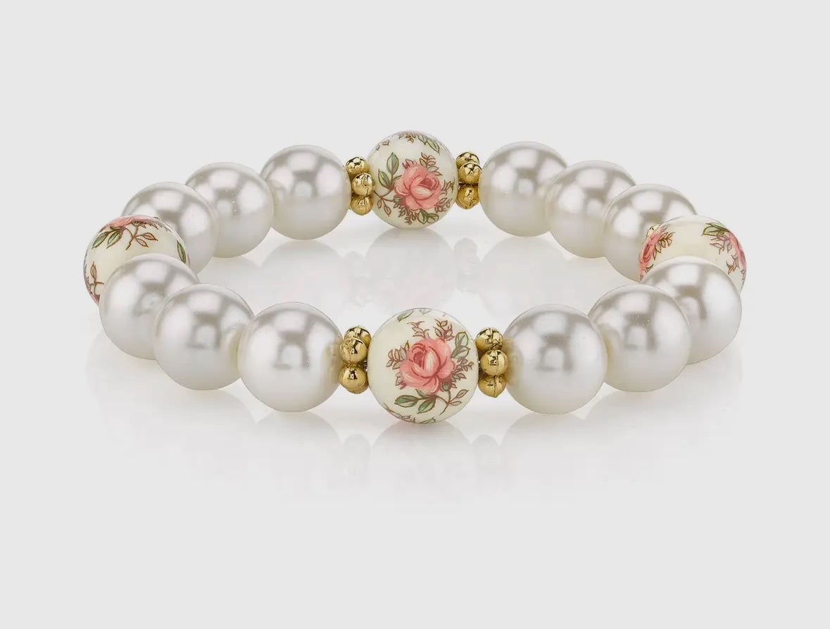 Desert Pink Rose Faux Pearl Stretch Bracelet