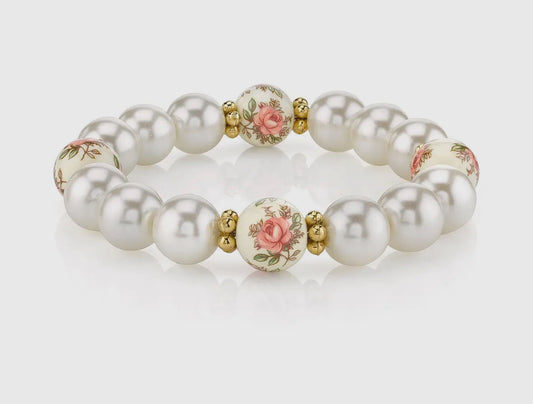 Desert Pink Rose Faux Pearl Stretch Bracelet