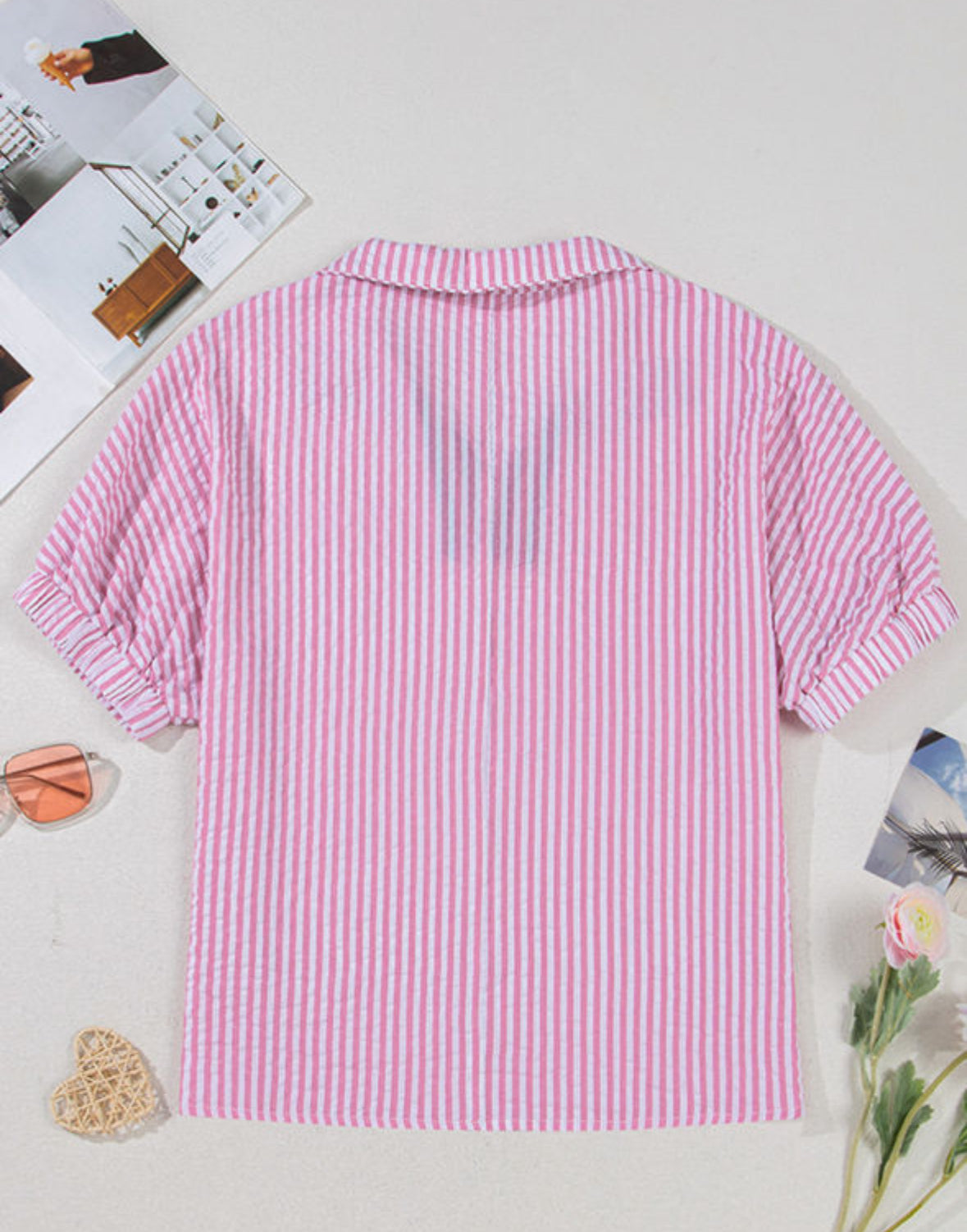 Pink Striped Contrast Collar Blouse