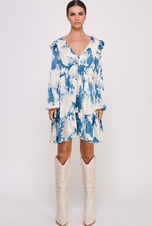 Blue Marbled + Gold Accent Silk Dress