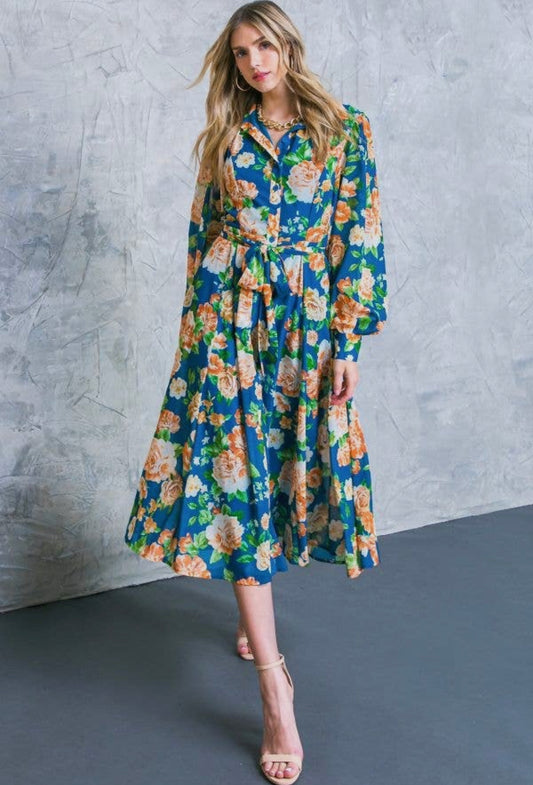 Teal Floral Woven Midi Dress