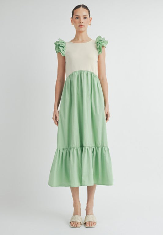 Green Knit Contrast Flutter Sleeve Dress
