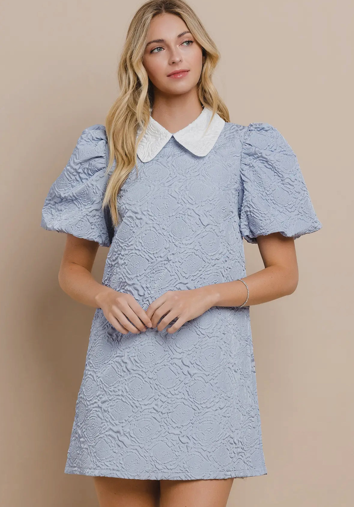 Jacquard Puff Sleeve Shift Dress