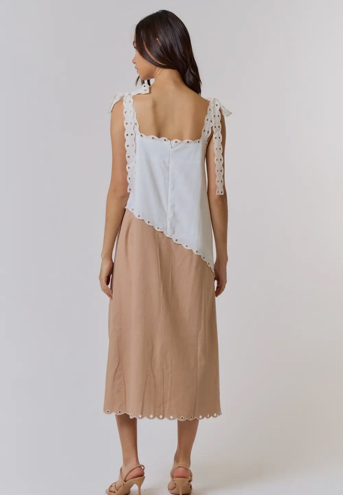 Scalloped Neutral Color Block Tie Dress