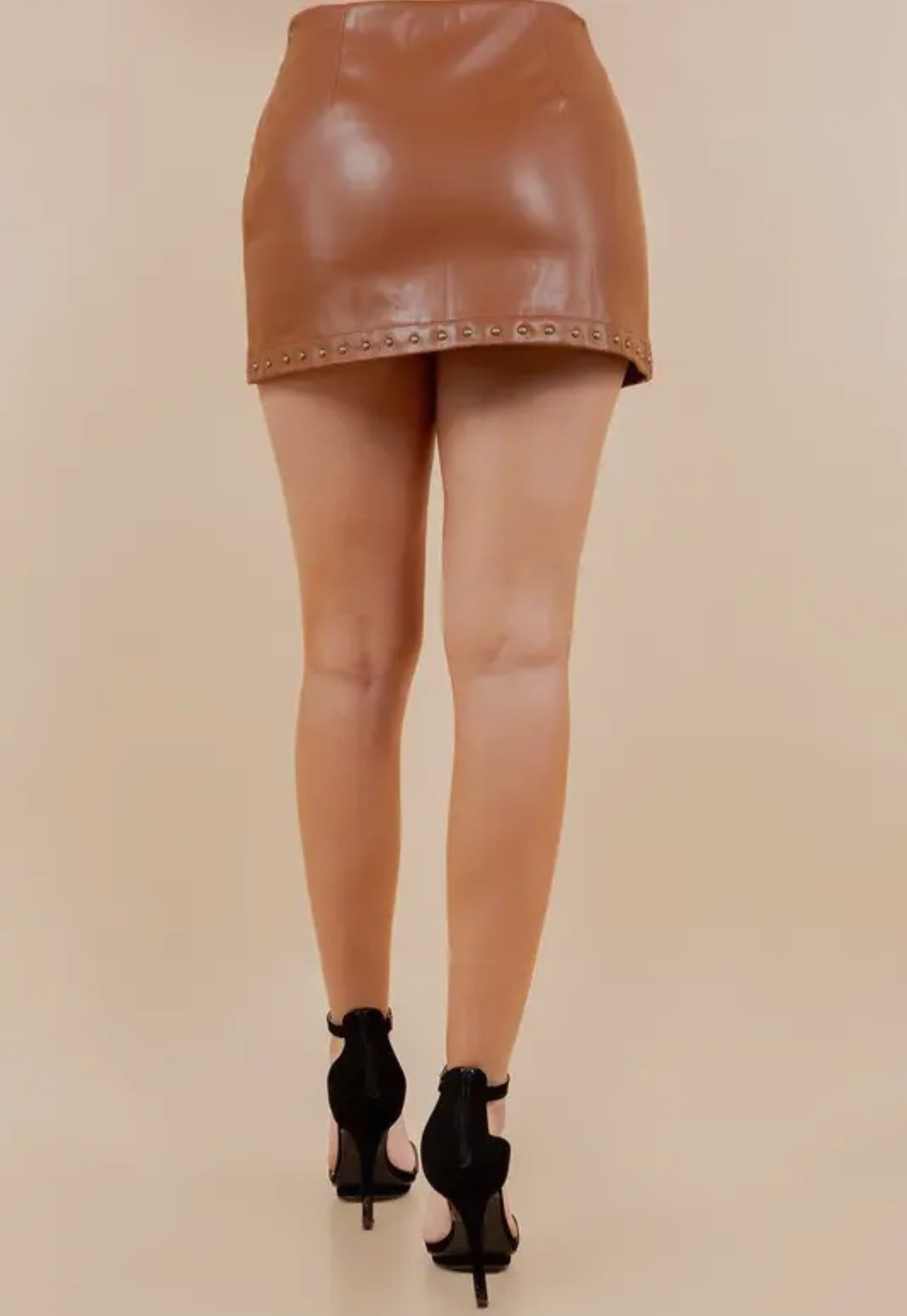 Camel Studded Faux Leather Skirt