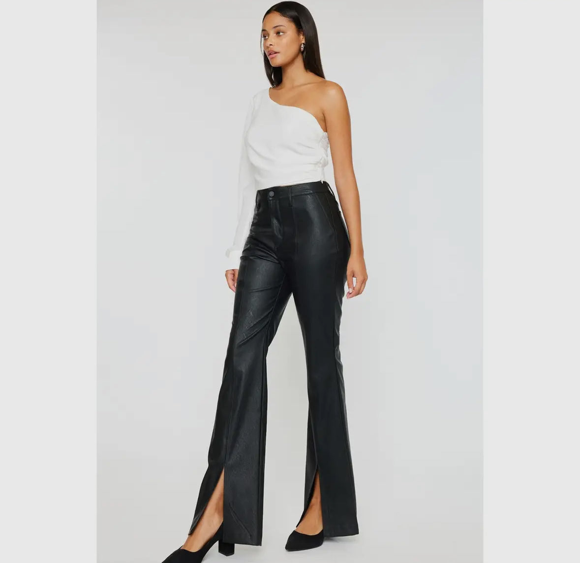 Black Faux Leather Split Front Boot Cut Jean