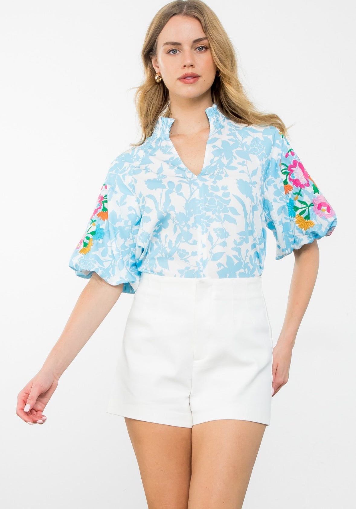 Light Blue Embroidered Puff Sleeve Top