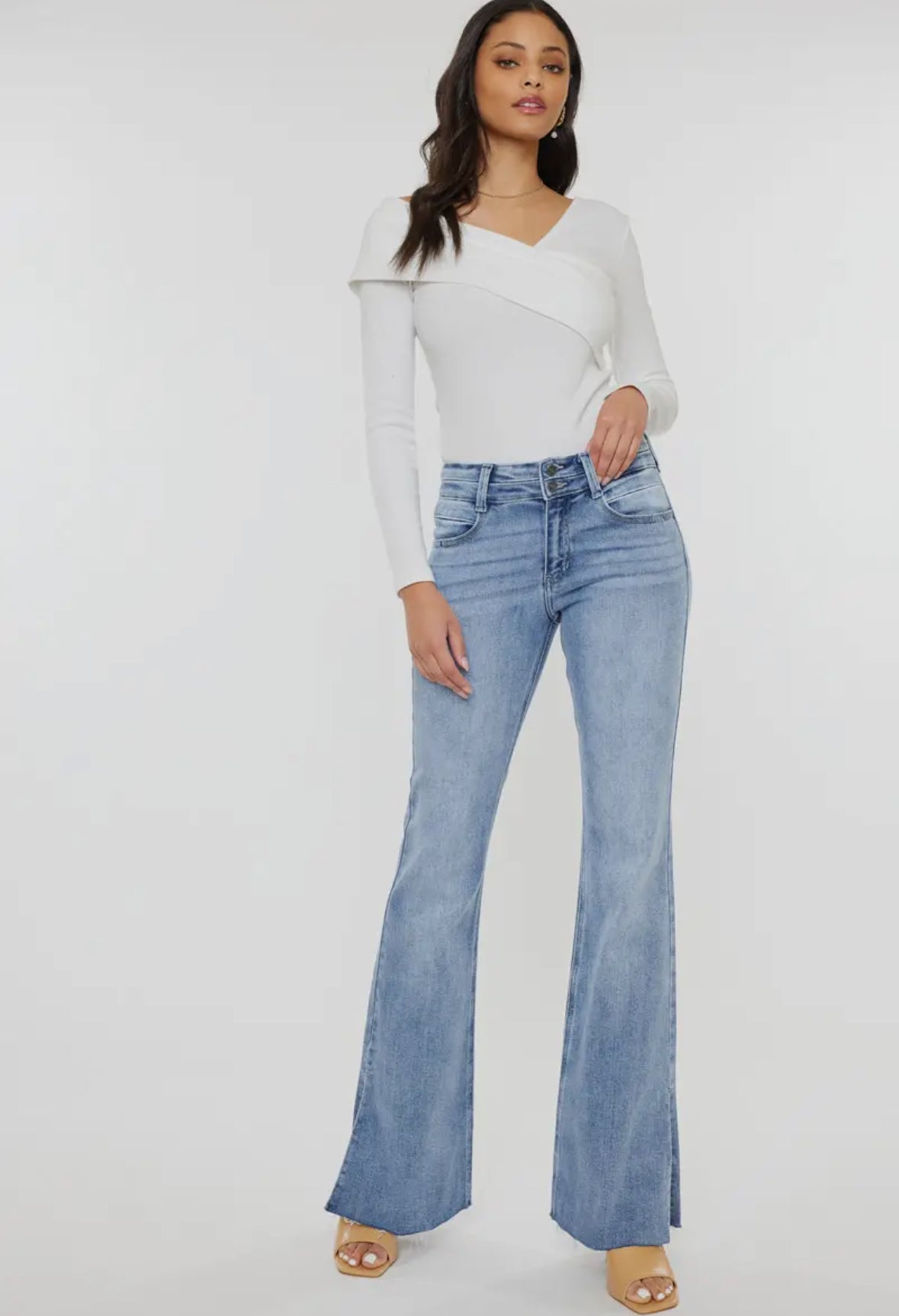 MidRise Double Waist Band Flare Jean