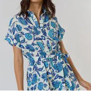 Blue Floral Waist Tie Romper