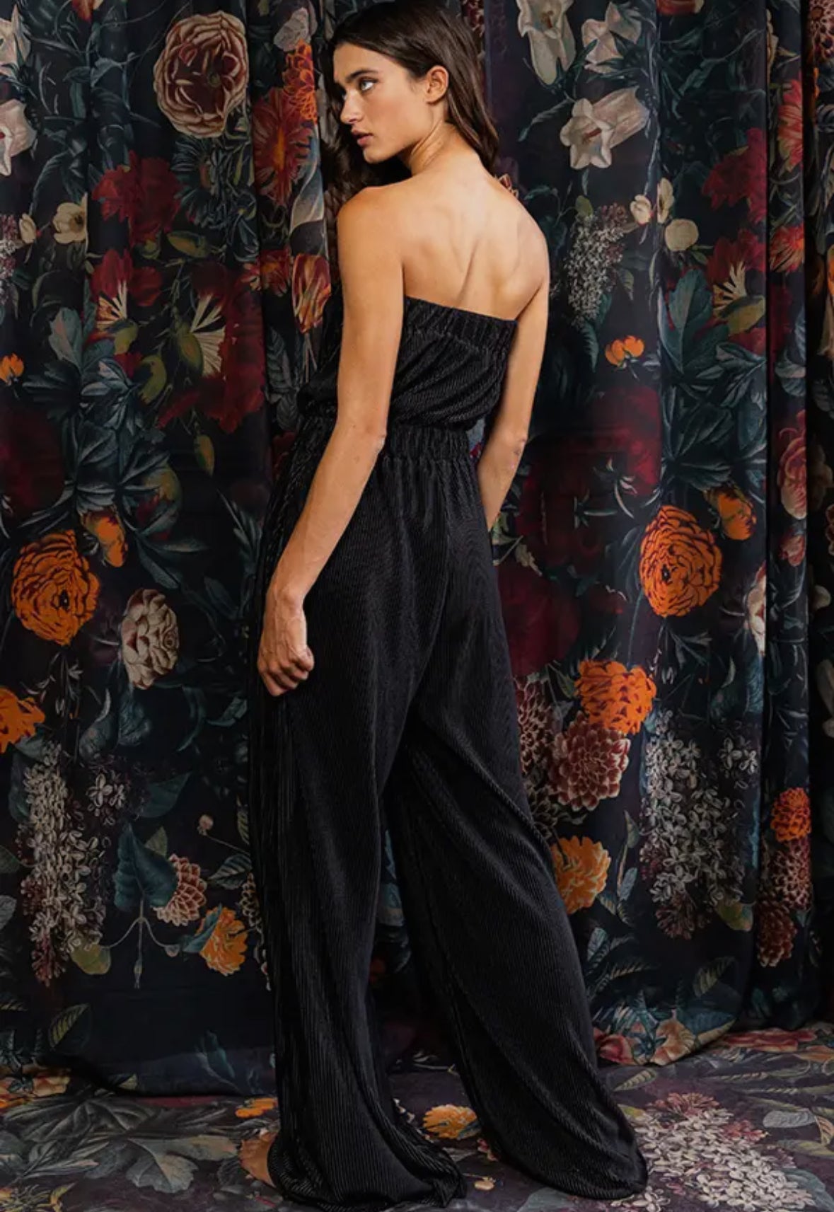 Strapless Elastic Waist Ribbed Jumpsuit