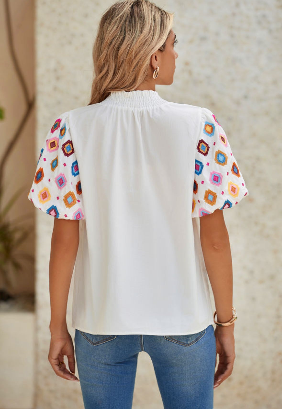 Smocked & Embroidered Cotton Blouse