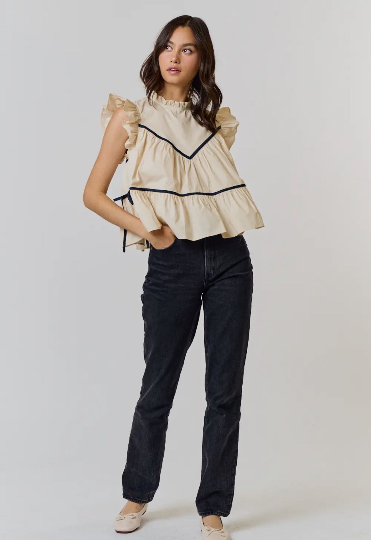Side Tie Ruffled Cream Top