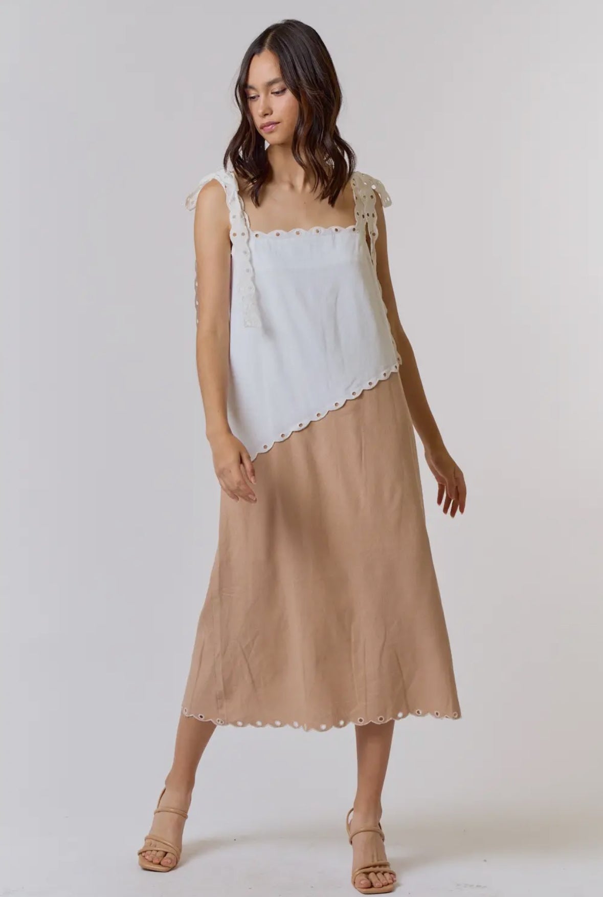 Scalloped Neutral Color Block Tie Dress