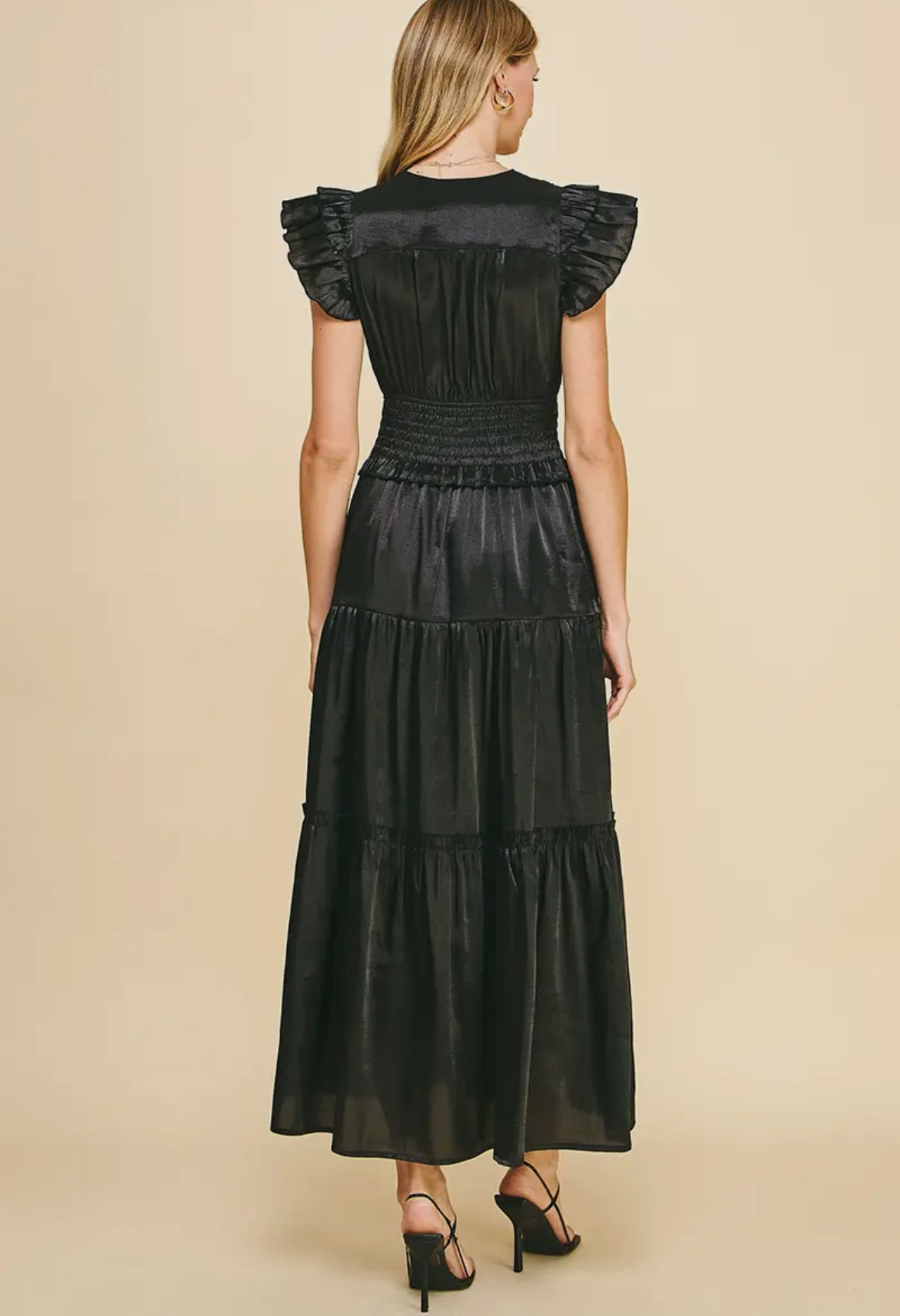 Black Satin Tiered Maxi Dress