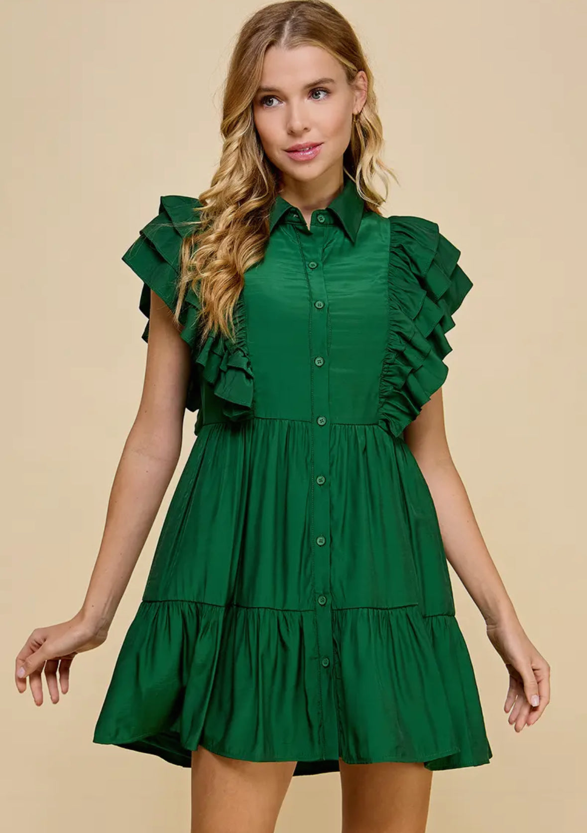 Hunter Green Ruffle & Button Down Dress