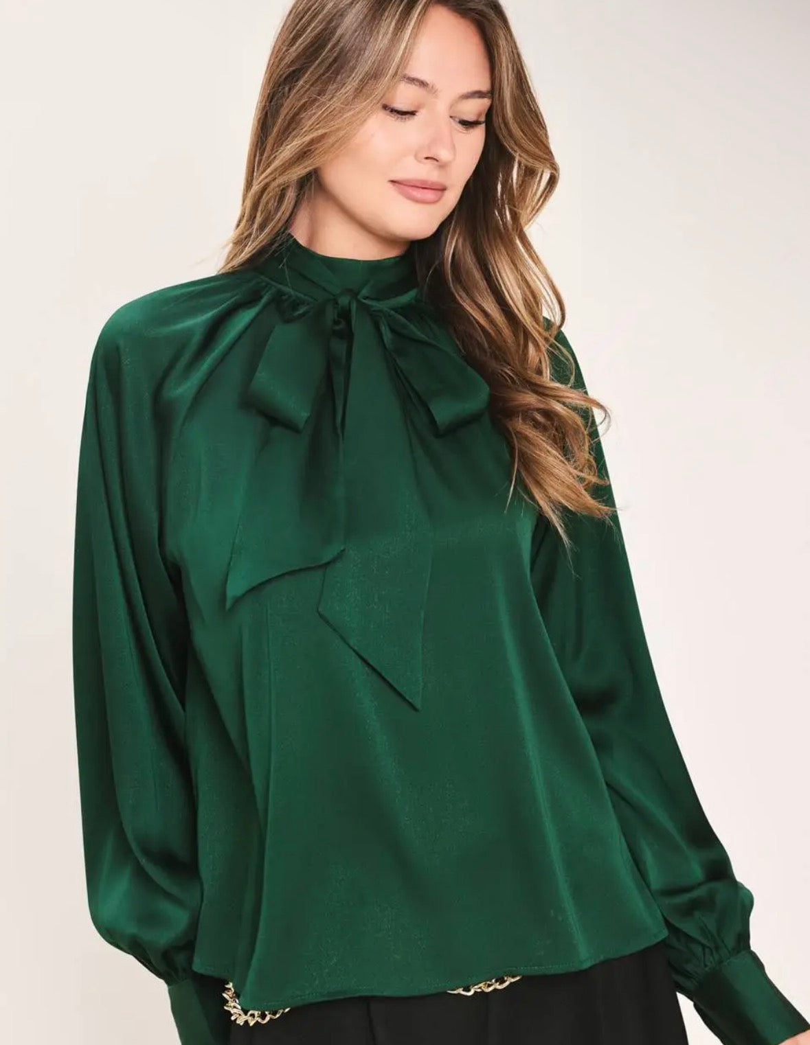 Silky Hunter Green Neck Tie Blouse