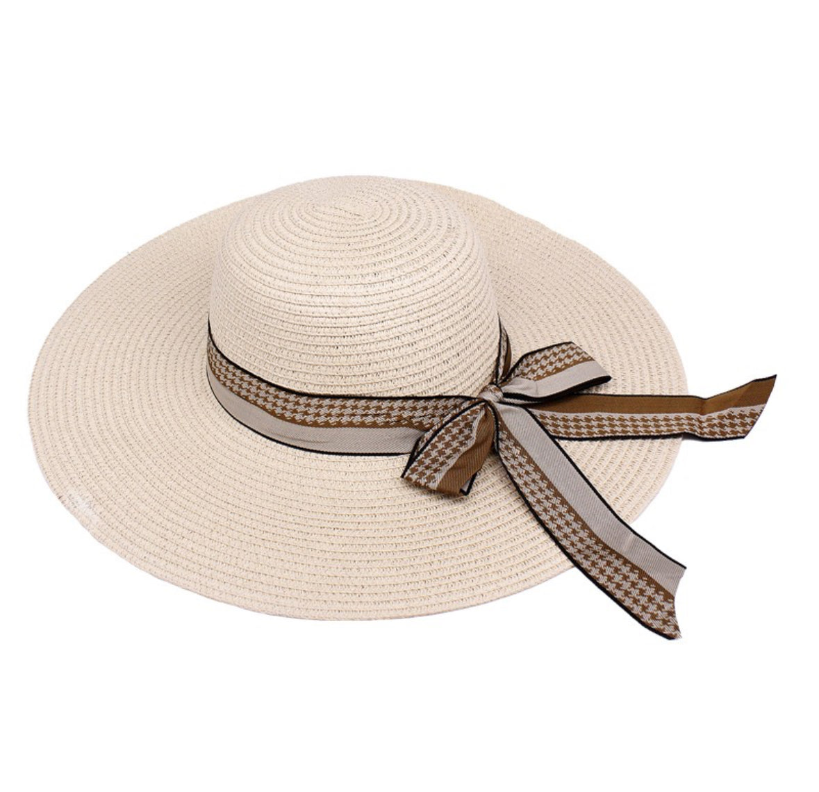 Houndstooth Ribbon Straw Sun Hat