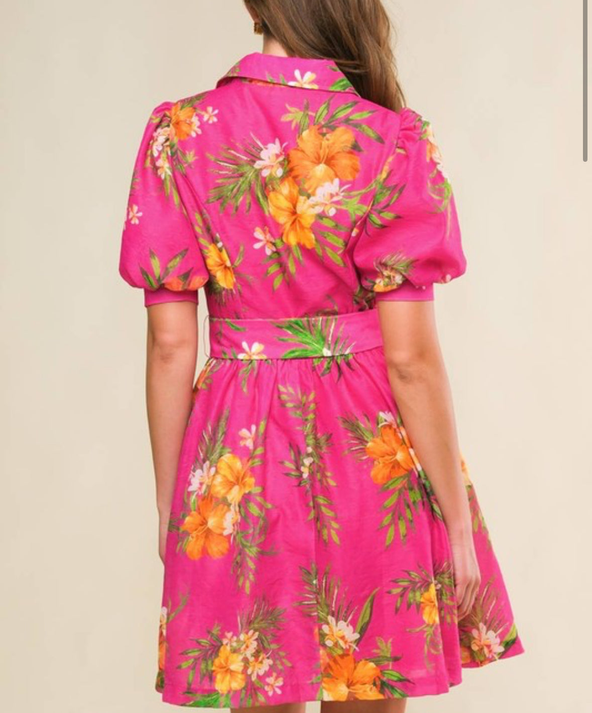 Fuchsia Floral Collared Belted Dress