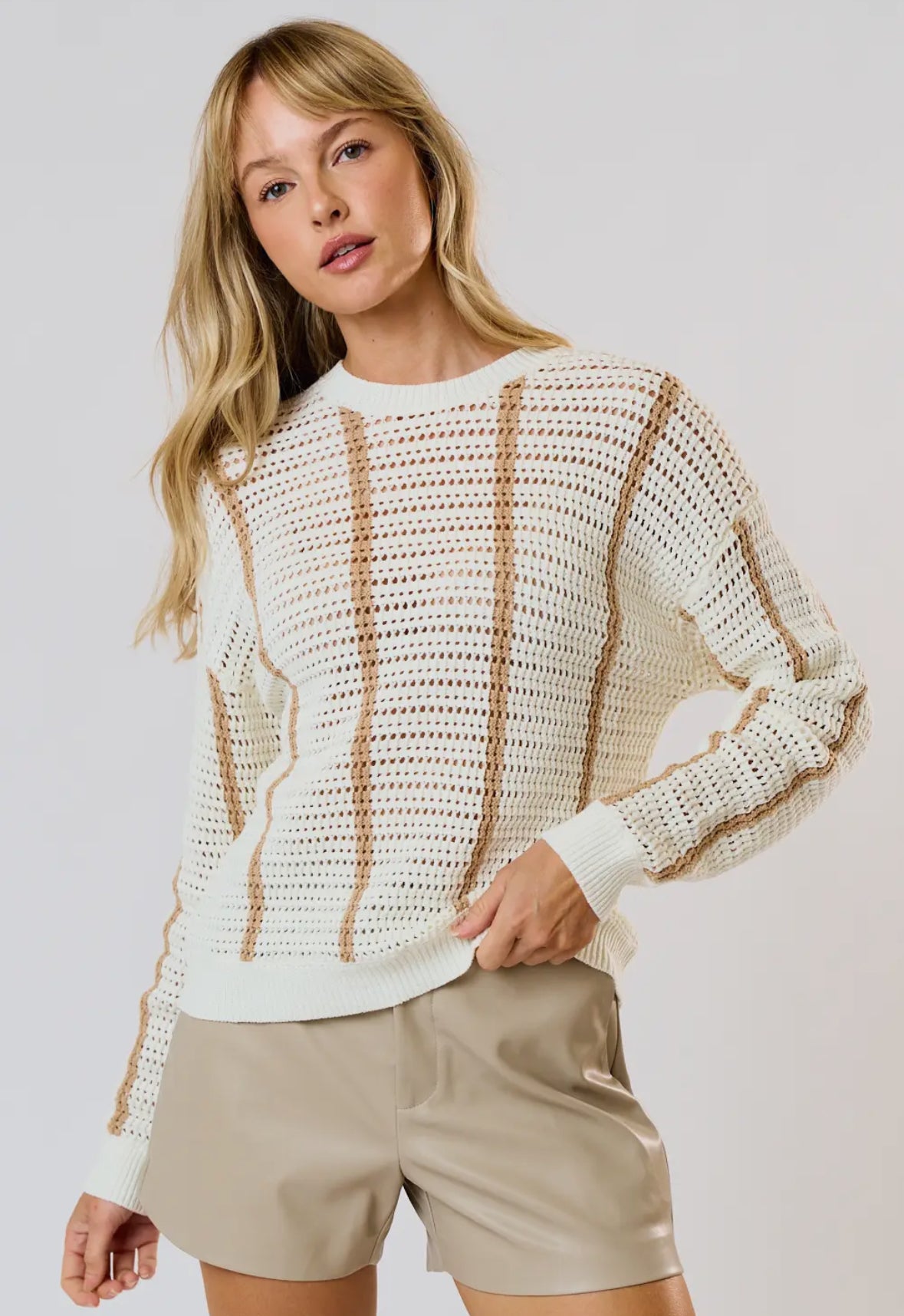 Ivory + Taupe Round Neck Knit Sweater