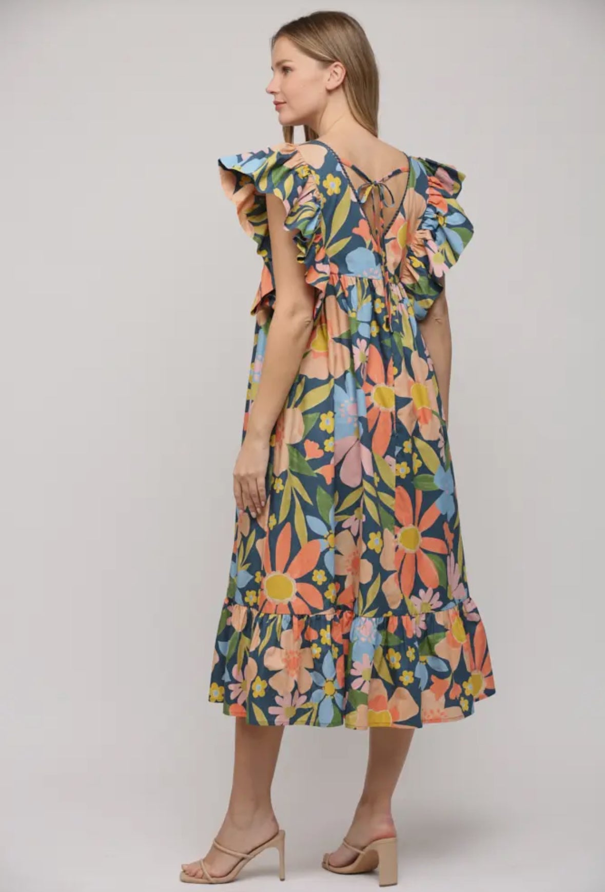 Floral Ruffle Sleeve Tie Back Dress