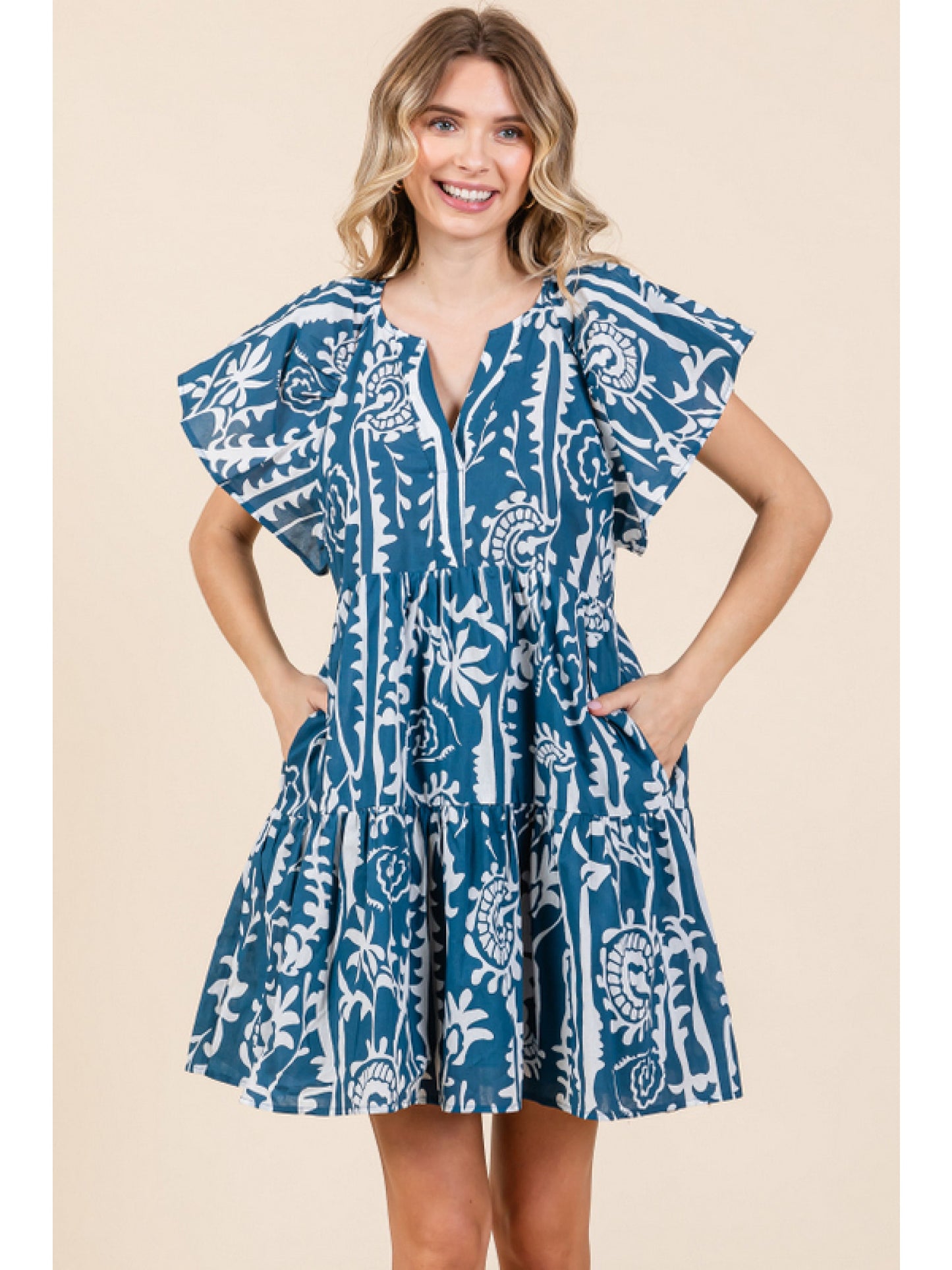 Printed Ink Blue Flounce Hemline Dress