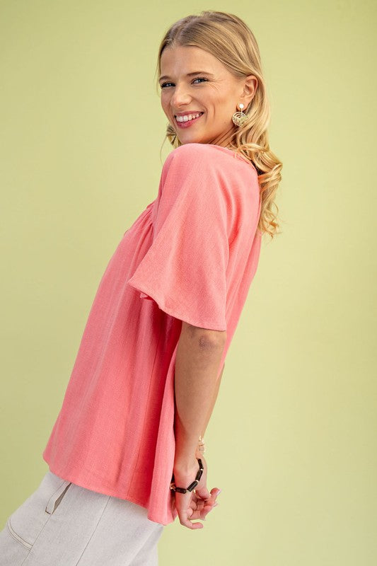 Washed Coral Linen Top
