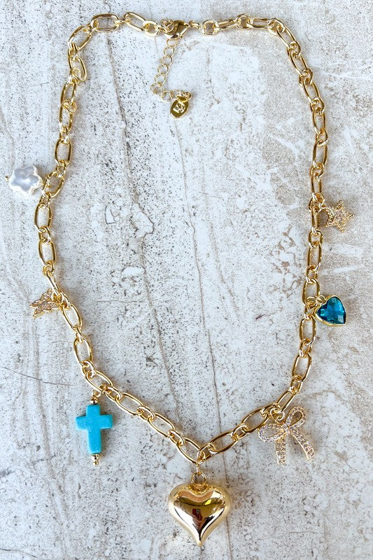 Puffy Heart and Turquoise Charm Necklace