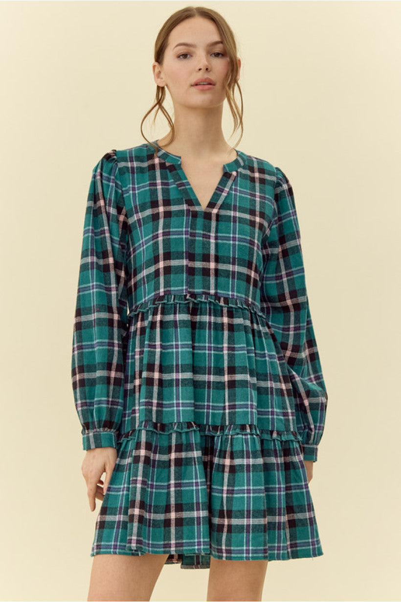 Green Plaid Tiered Dress