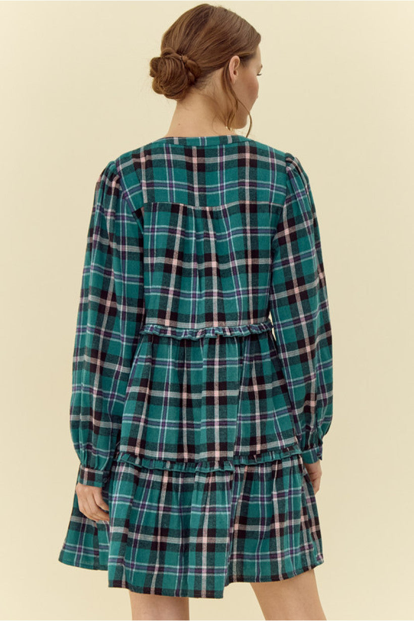 Green Plaid Tiered Dress