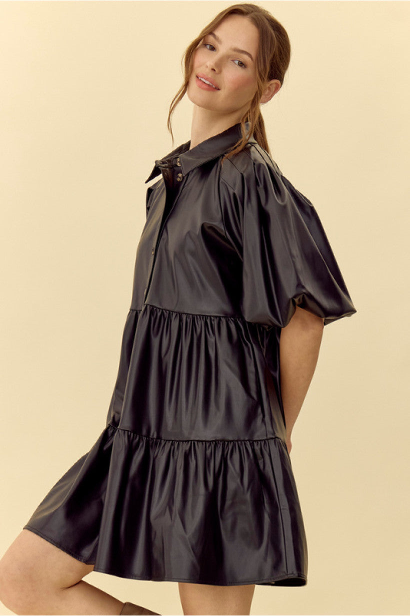 Black Faux Leather Baby Doll Dress