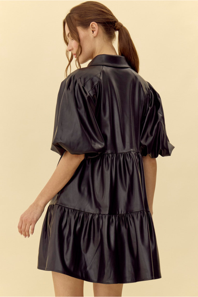 Black Faux Leather Baby Doll Dress