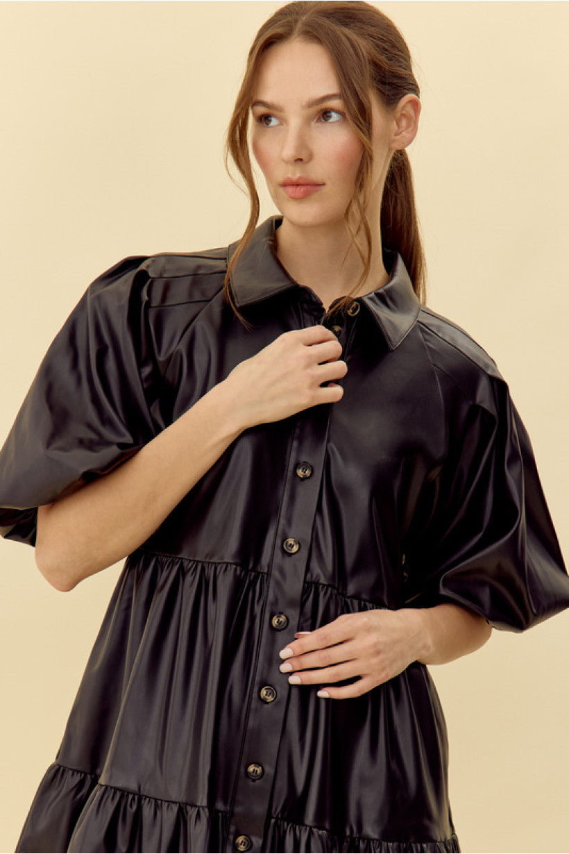 Black Faux Leather Baby Doll Dress