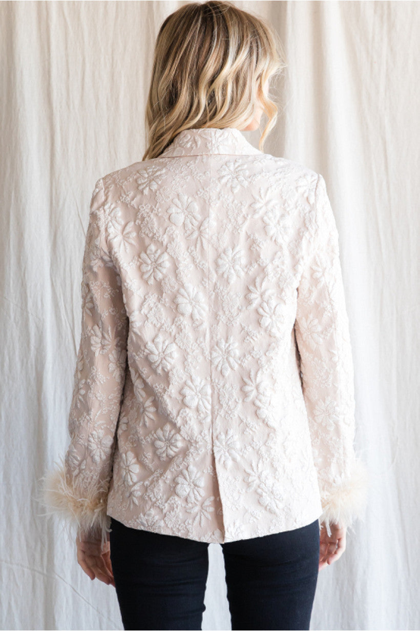 Textured Embroidered Fur Trim Blazer