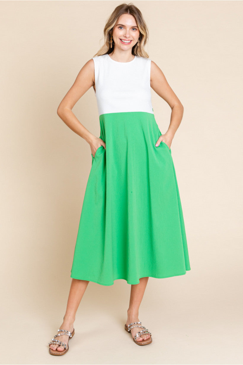 Green & White A Line Midi Dress